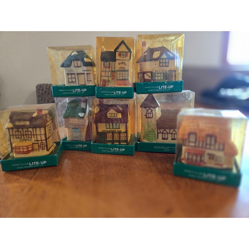 Set of 8 Dickens Village Lite Up Bisque Ornament with Clip Christmas Holiday